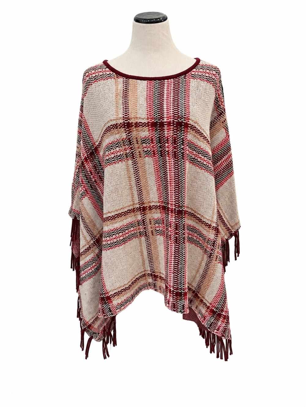 New! New Directions Plaid Poncho Cream Burgundy With Fringe